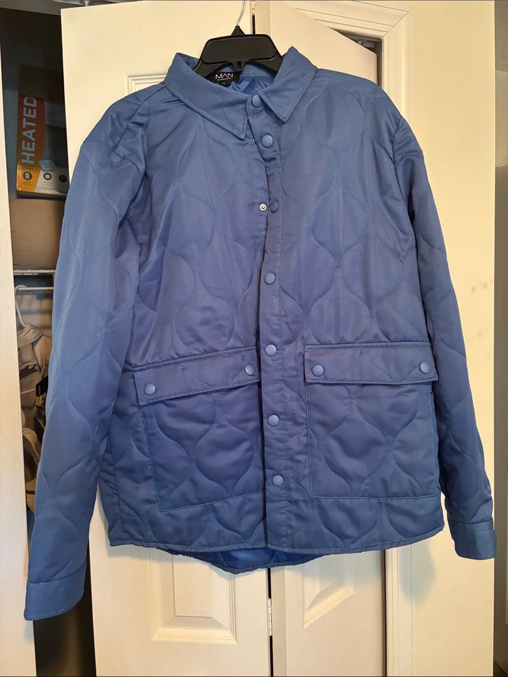 Quilted Slate Blue Snap-Front Puffer Jacket